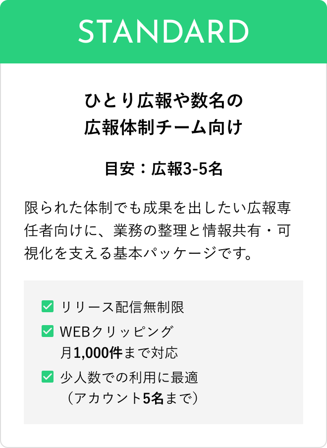 ひとり広報や数名の広報体制チーム向けの料金プラン